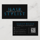 Moderner Friseur-Stylist Schwarz-Blauer QR-Code  Visitenkarte (Vorne/Hinten)