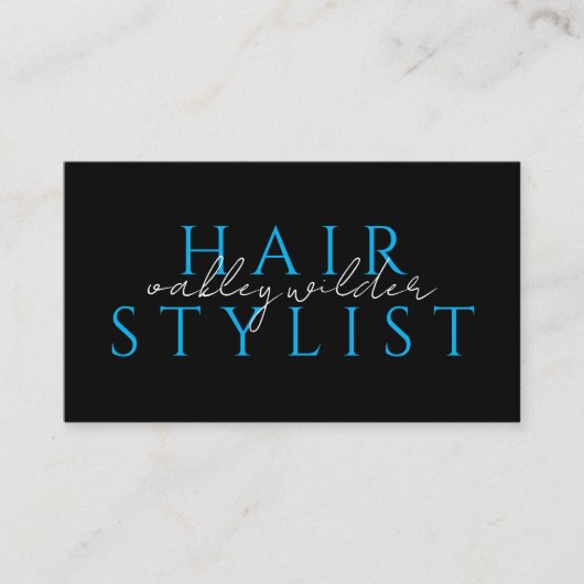 Moderner Friseur-Stylist Schwarz-Blauer QR-Code  Visitenkarte (Vorderseite)