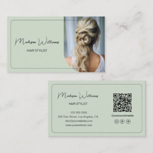 Moderner Friseursalon-Foto-QR-Code Sage Green Visitenkarte