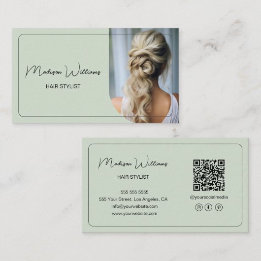 Moderner Friseursalon-Foto-QR-Code Sage Green Visitenkarte (Vorne/Hinten)
