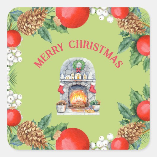 Moderner froher Weihnachts Rot grüner Feuerplatz K Quadratischer Aufkleber (Vorderseite)
