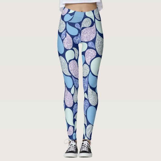 Moderner Frosty Glitzern Paisley Pattern Blue Leggings (Vorderseite)