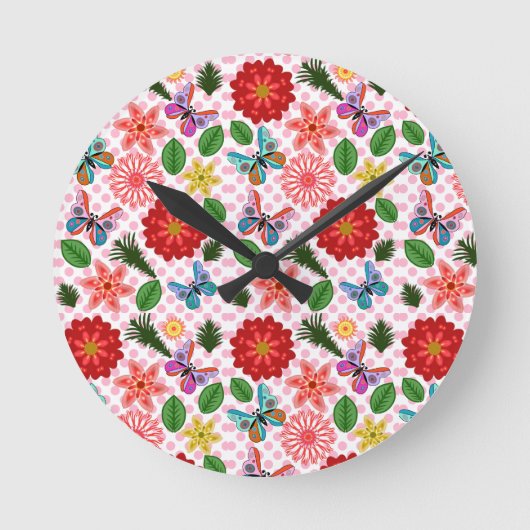 Moderner Frühlingsgarten Schmetterling Floral  Runde Wanduhr (Vorderseite)