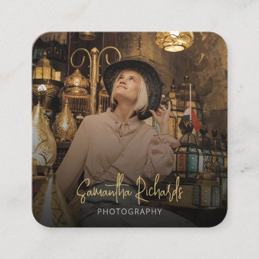 Moderner Full Foto Black & Gold Trendsetter Influe Quadratische Visitenkarte (Vorderseite)