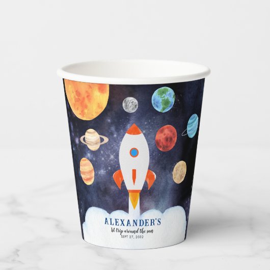 Moderner Galaxy Planets Space Rocket Kindergeburts Pappbecher (Vorderseite)
