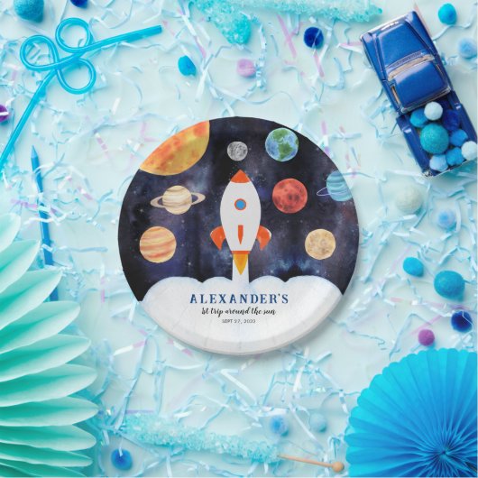 Moderner Galaxy Planets Space Rocket Kindergeburts Pappteller (Party)