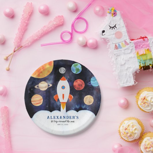 Moderner Galaxy Planets Space Rocket Kindergeburts Pappteller (Party)