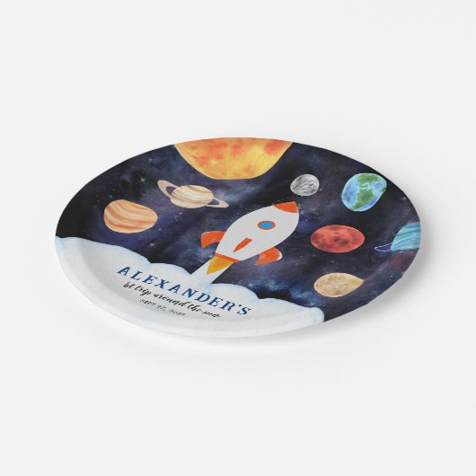 Moderner Galaxy Planets Space Rocket Kindergeburts Pappteller (Schrägansicht)