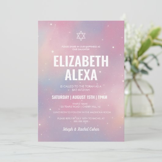 Moderner Galaxy Star von David Bat Mitzvah Einladung (Stehend Vorderseite)
