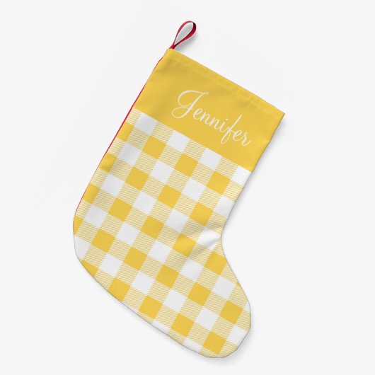 Moderner Gelber Gingham Karierter Patername Kleiner Weihnachtsstrumpf (Vorderansicht (hängend))