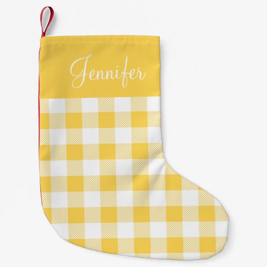 Moderner Gelber Gingham Karierter Patername Kleiner Weihnachtsstrumpf (Vorderseite)