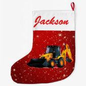 Moderner Gelber Loader Traktor auf roter Seite Großer Weihnachtsstrumpf (Rückseite)