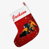 Moderner Gelber Loader Traktor auf roter Seite Großer Weihnachtsstrumpf (Rückseite (Hängend))