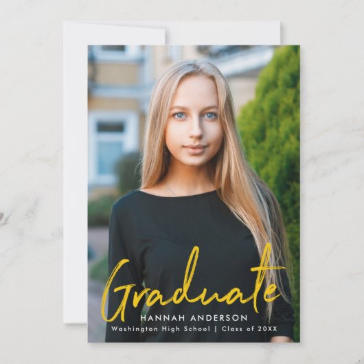 Moderner Gelber Pinsel-Script-Foto-Abschluss Ankündigung (Vorderseite)