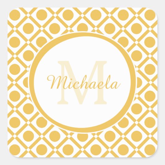 Moderner geometrischer Mit Monogramm Name Gelb und Quadratischer Aufkleber (Vorderseite)