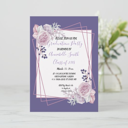 Moderner geometrischer Rahmen lila floraler Abschl Einladung (Stehend Vorderseite)