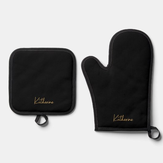 Moderner Gesamter Name Schwarz/Gold-Script Ofenhandschuh & Topflappen-Set (Vorderseite)