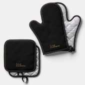 Moderner Gesamter Name Schwarz/Gold-Script Ofenhandschuh & Topflappen-Set (Vorderseite/Rückseite)