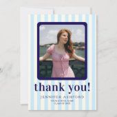 Moderner gestreifter Navy Blue Foto Abschluss Dankeskarte (Vorderseite)