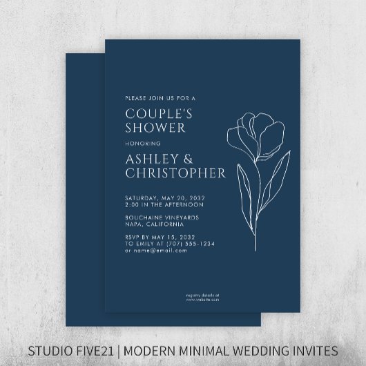 Moderner Gezeichnet floraler Navy Blue Polterabend Einladung