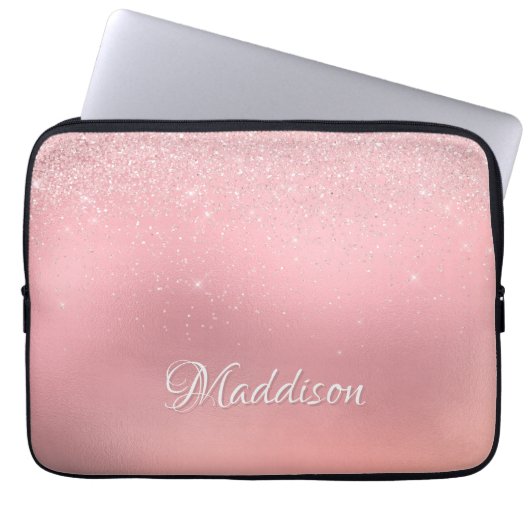 Moderner Girl Blush Pink Silver Glitzer Laptopschutzhülle (Vorderseite)