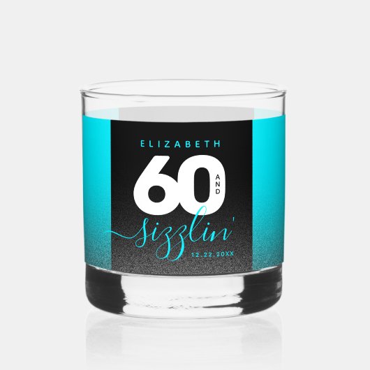 Moderner Girly Ice Blue Glitzer 60 und Sizzling Whiskyglas (Rückseite)