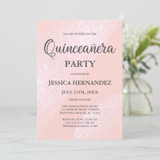 Moderner Girly Pink Glitzer Geometric Quinceañera Einladung (Stehend Vorderseite)