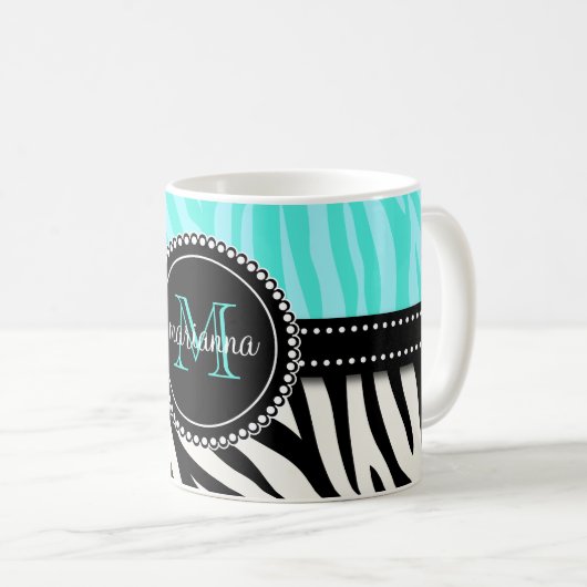 Moderner Girly schwarzer Aquazebra-Druck Kaffeetasse (VorderseiteRechts)