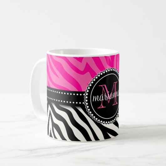 Moderner Girly schwarzer rosa Zebra-Druck Kaffeetasse (Vorderseite Links)
