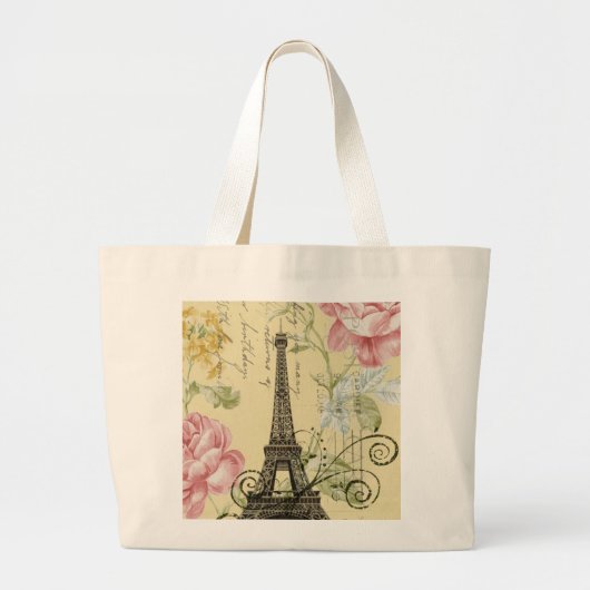 Moderner Girly Vintager mit Blumenturm Paris Jumbo Stoffbeutel (Vorne)