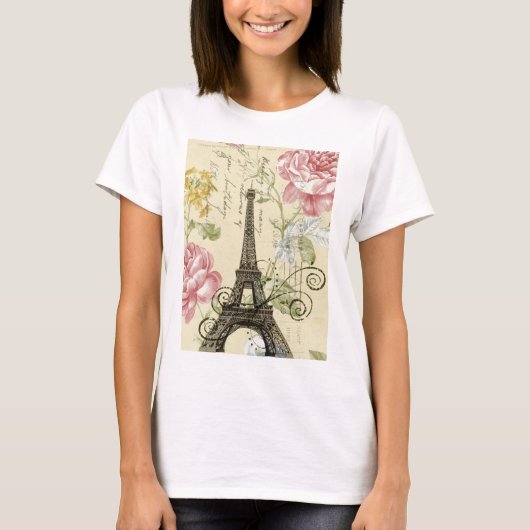 Moderner Girly Vintager mit Blumenturm Paris T-Shirt (Vorderseite)