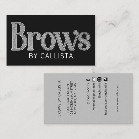 Moderner Glam Black Silver Glitzer Brows Visitenkarte (Vorne/Hinten)