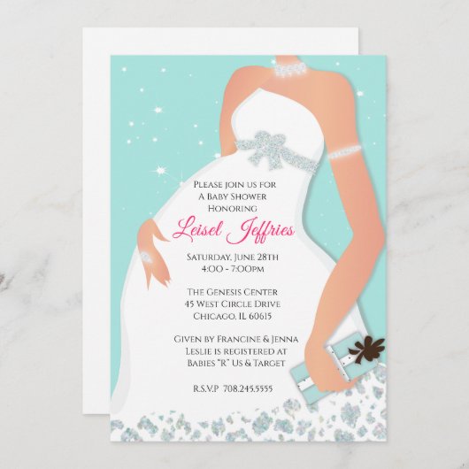 Moderner Glam Glitzer Aquamarin Baby Dusche Einlad Einladung (Vorne/Hinten)