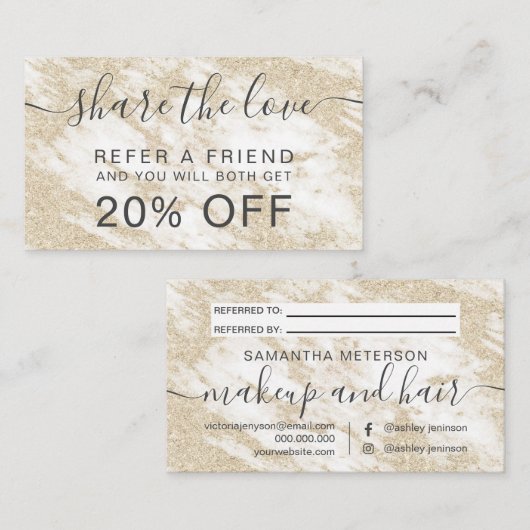 Moderner Glitzer aus weißem Marmor Empfehlungskarte (Vorne/Hinten)