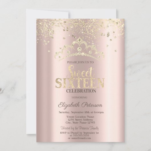 Moderner Glitzer Confetti, Crown Rose Gold Sweet 1 Einladung (Vorderseite)