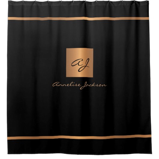 Moderner Glitzer mit Monogramm Schwarzgold Duschvorhang (Vorderseite)
