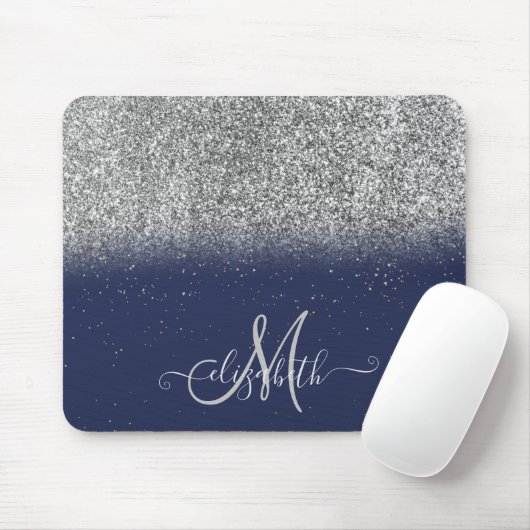 Moderner Glitzer Ombre Silver Monogram Navy Blue Mousepad (Mit Mouse)