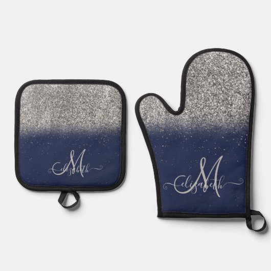 Moderner Glitzer Ombre Silver Monogram Navy Blue Ofenhandschuh & Topflappen-Set (Vorderseite)