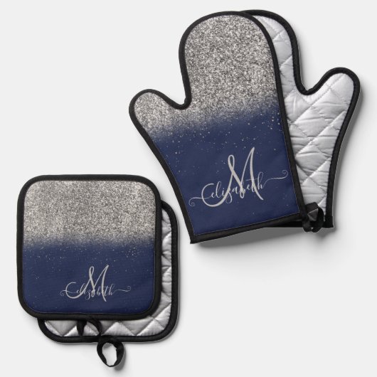 Moderner Glitzer Ombre Silver Monogram Navy Blue Ofenhandschuh & Topflappen-Set (Vorderseite/Rückseite)