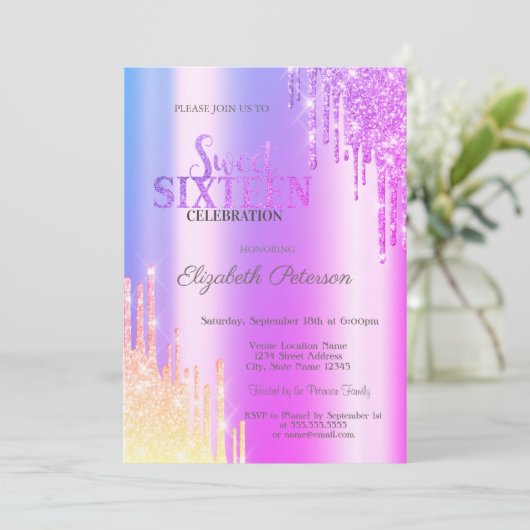 Moderner Glitzer Ombre Violet Tropfen Sweet 16 Einladung (Stehend Vorderseite)