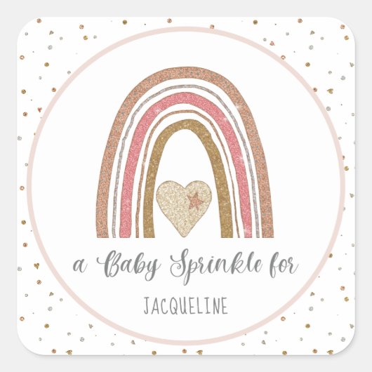 Moderner Glitzer Rainbow Pink Gold Baby Sprinkle Quadratischer Aufkleber (Vorderseite)