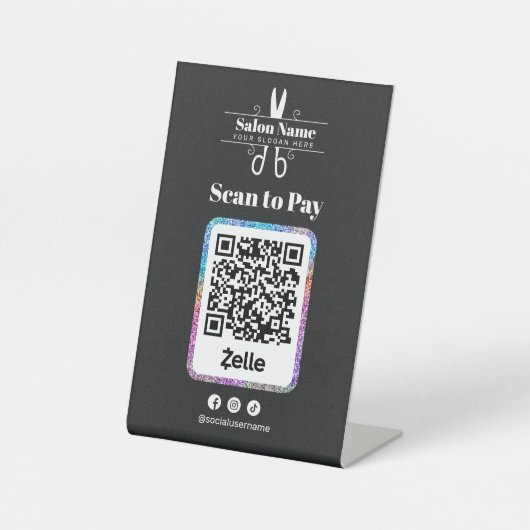 Moderner Glitzer Salon Scan to Pay Zelle Qr Code Sockelschild (Vorderseite)