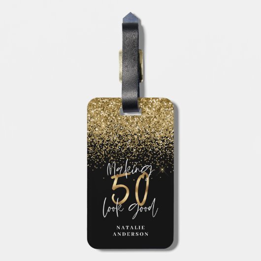 Moderner Glitzer Schwarz und Gold 50. Gepäckanhänger (Rückseite vertikal)