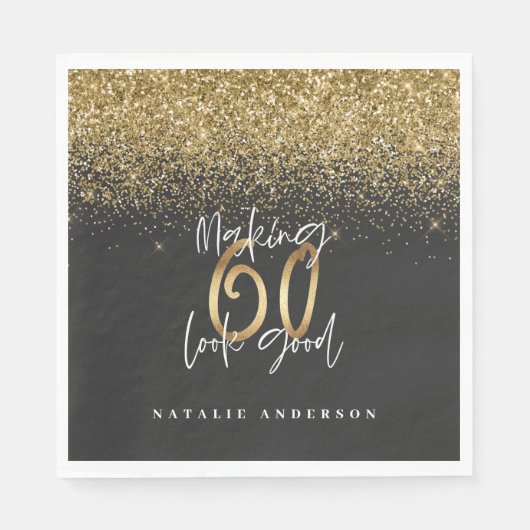 Moderner Glitzer Schwarz und Gold 60. Geburtstag Serviette (Vorderseite)