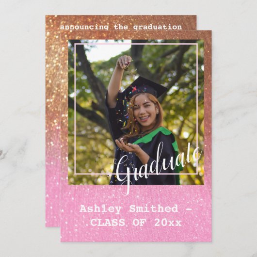 Moderner Glitzer Sparkle Foto Abschluss Rosa Einladung (Vorne/Hinten)