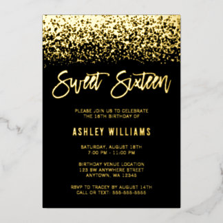 Moderner Glitzer Sweet 16 Black Gold Folieneinladung