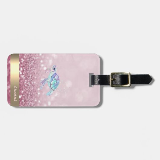 Moderner Glitzer Turtle Glitzer Bokeh Gepäckanhänger (Vorderseite horizontal)