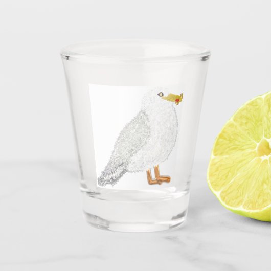 Moderner glücklicher Möwe mit Pommes frites Schnapsglas (Vorderseite)