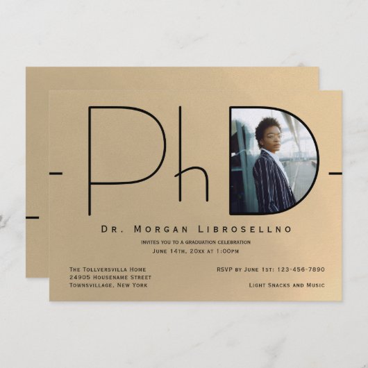 Moderner Gold Black Foto PhD-Abschluss Einladung (Vorne/Hinten)