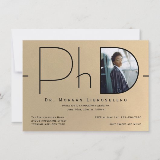 Moderner Gold Black Foto PhD-Abschluss Einladung (Vorderseite)